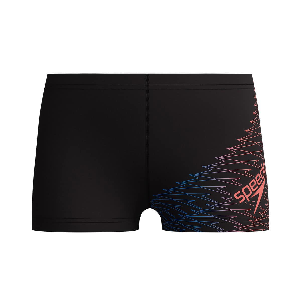 בגד ים שחור של Speedo עם עיצוב גלי בצבעים אדום וכחול.