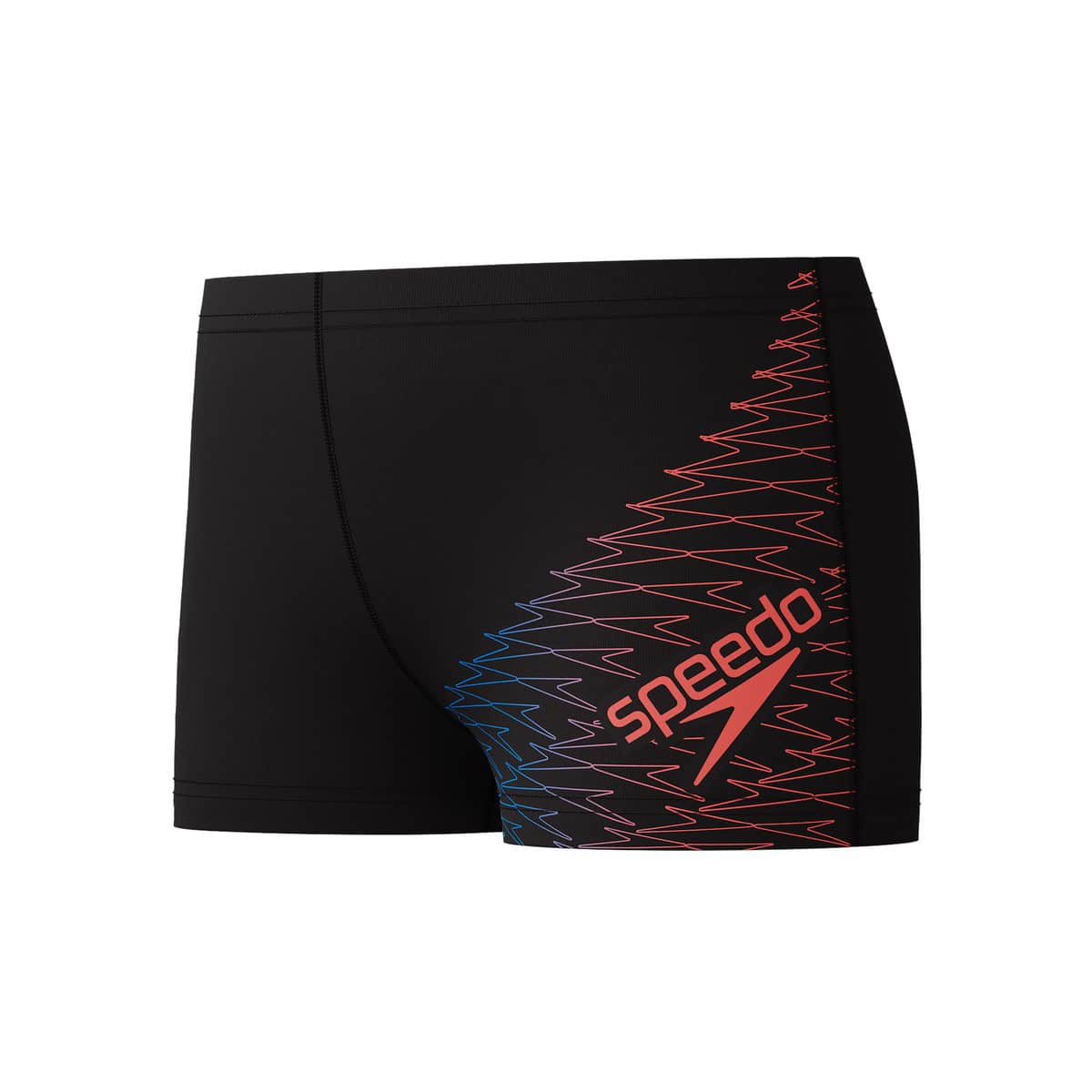בגד ים שחור של Speedo עם עיצוב גלי צבעוני ואות לוגו אדום.