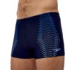 בגד ים קצר של Speedo לגברים עם עיצוב קווים כחולים.