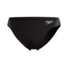 בגד ים שחייה תחרותי של Speedo בצבע שחור עם לוגו ירוק, עיצוב.