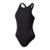 שלט תיאורי ALT: בגד ים שחור של ספורטאי נשים מבית Speedo, עיצו.